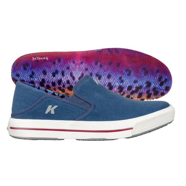 Blue slip-on Korkers Women's Fish Moc shoe showing the rainbow trout interior, on a white background.