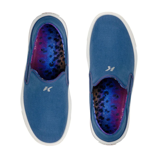 A pair of blue slip-on Korkers Women's Fish Moc shoes showing the rainbow trout interior, on a white background.