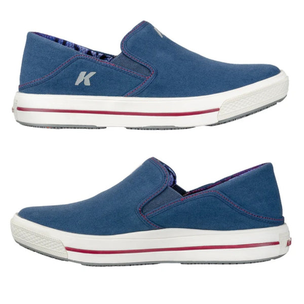 A pair of blue slip-on Korkers Women's Fish Moc shoes showing the rainbow trout interior, on a white background.