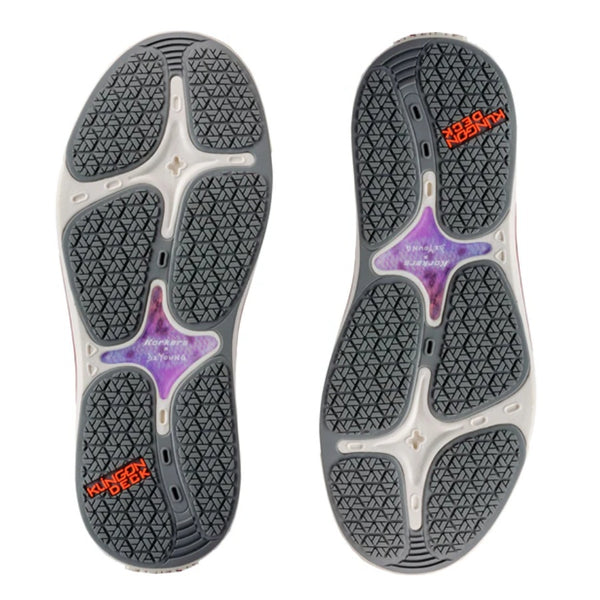 A pair of blue slip-on Korkers Women's Fish Moc shoes showing the sole details, on a white background.