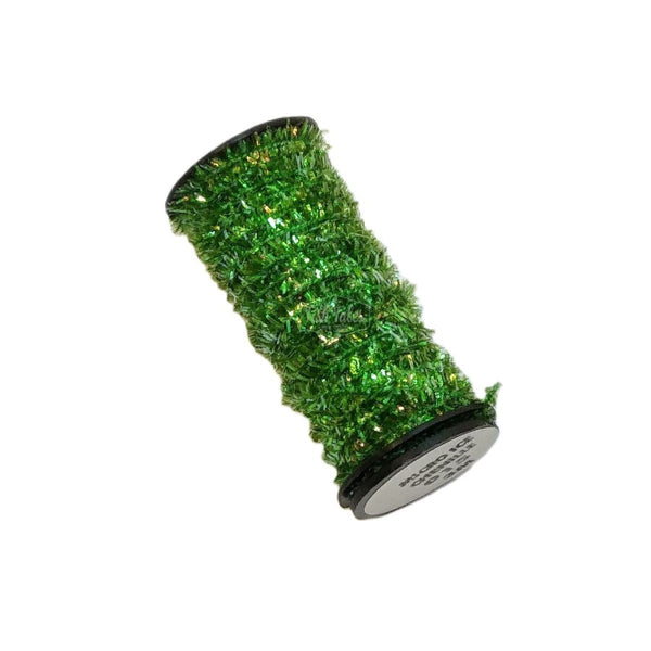 a spool of green kreinik micro ice chenille for fly tying on white background