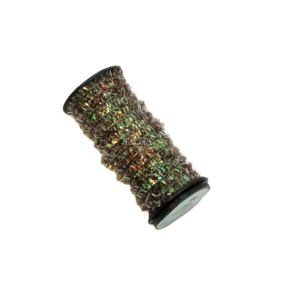 a spool of mallard kreinik micro ice chenille for fly tying on white background