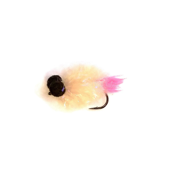 A boobie style fly with a biscuit tan body and black foam eyes on a white background.