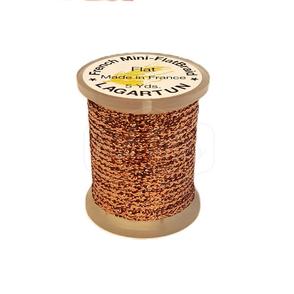 a single spool of copper lagartun mini flatbraid fly tying material on a white background 