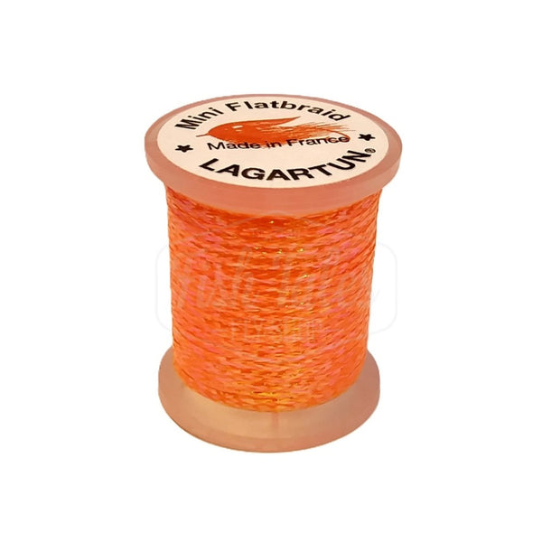 a single spool of fluorescent orange lagartun mini flatbraid fly tying material on a white background 