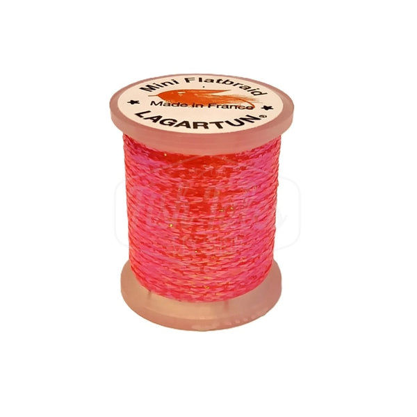 a single spool of fluorescent red lagartun mini flatbraid fly tying material on a white background 