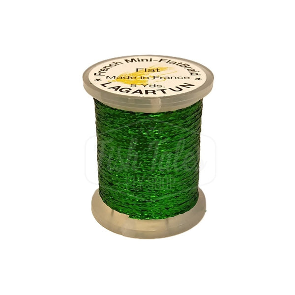 a single spool of green lagartun mini flatbraid fly tying material on a white background 