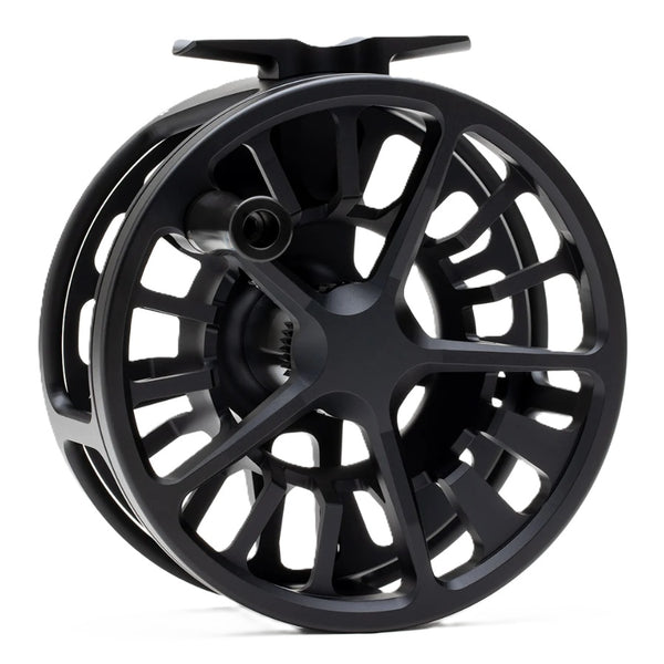 A Lamson ARX II Full Frame Fly Fishing Reel with a black body and silver details on a white background.