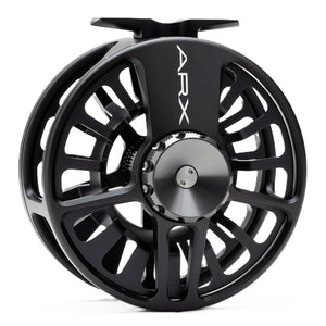A Lamson ARX II Full Frame Fly Fishing Reel with a black body and silver details on a white background.