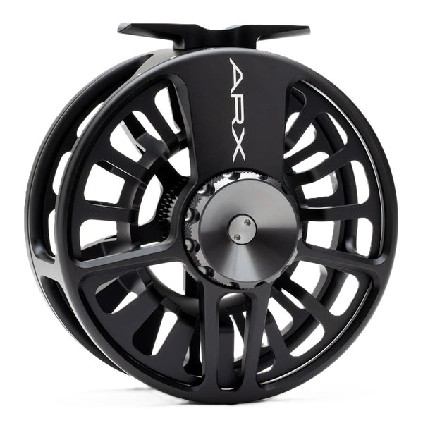 A Lamson ARX II Full Frame Fly Fishing Reel with a black body and silver details on a white background.