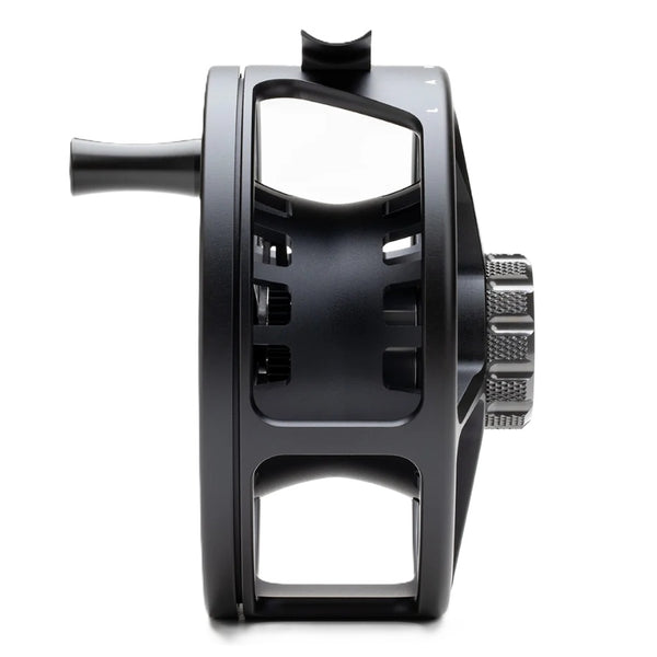 Side view of a Lamson ARX II Full Frame Fly Fishing Reel with a black body and silver details on a white background.
