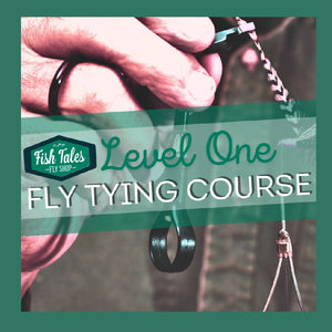 A close up of a person's hand tying a fishing fly in the background with a green 'Level One Fly Tying Course' text banner in front and the Fish Tales Fly Shop logo.