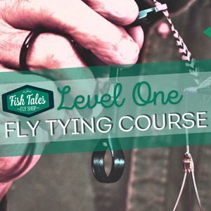 A close up of a person's hand tying a fishing fly in the background with a green 'Level One Fly Tying Course' text banner in front and the Fish Tales Fly Shop logo.