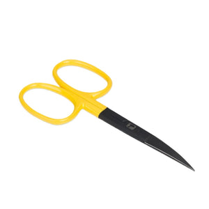 Yellow handled Loon Ergo Curved Hair Scissors for fly tying on a plain white background.