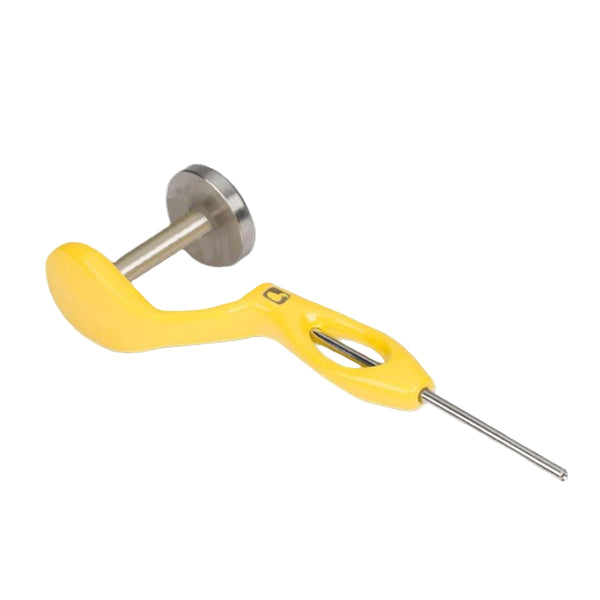 A Loon Outdoors Ergo Dialed-In Fly Tying Bobbin with a yellow powder coated handle and stainless tube and hub, on a white background.