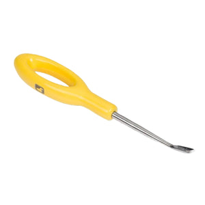 A Loon Outdoors Ergo Easy Cutter fly tying tool with a yellow powder coated handle and stainless steel cutting blade, on a white background.