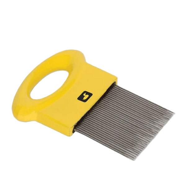 A Loon Outdoors Ergo Underfur Comb fly tying tool with a yellow powder coated handle and stainless comb tines, on a white background.