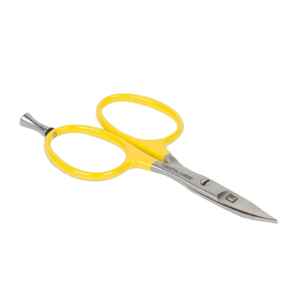 A set of Loon Outdoors Tungsten Carbide Curved Fly Tying Scissors with a yellow powder coated handle, precision peg, and Tungsten Carbide cutting blades, on a white background.