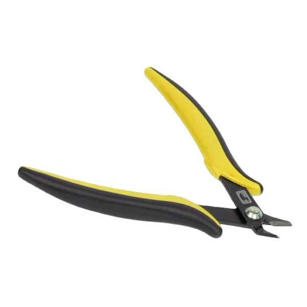 A set of Loon Outdoors Wire Cutters for fly tying with yellow and black handles and precise angled cutting blades, on a white background.