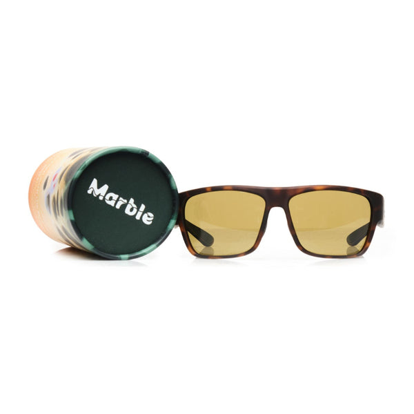 Marble Fishing Chasm Polarized Sunglasses  with trout print packaging on a white background.