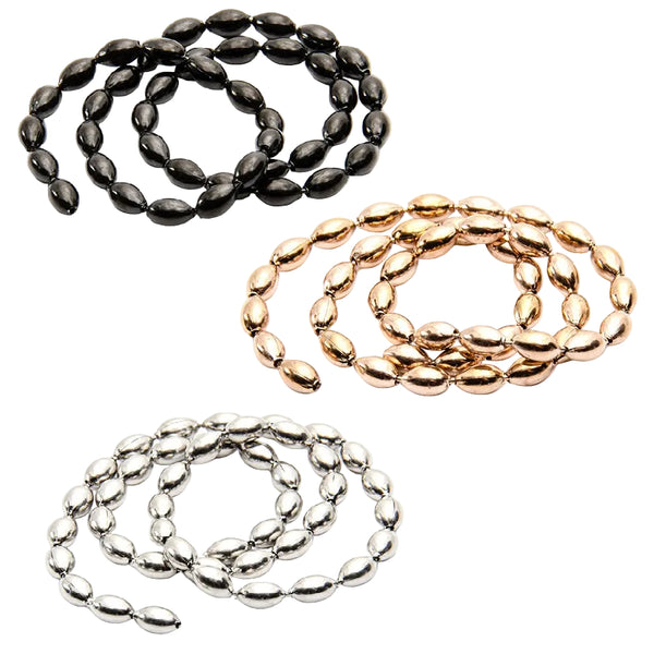 Three coils of MFC Bulb Chain Eyes in black, copper, and silver on a white background.