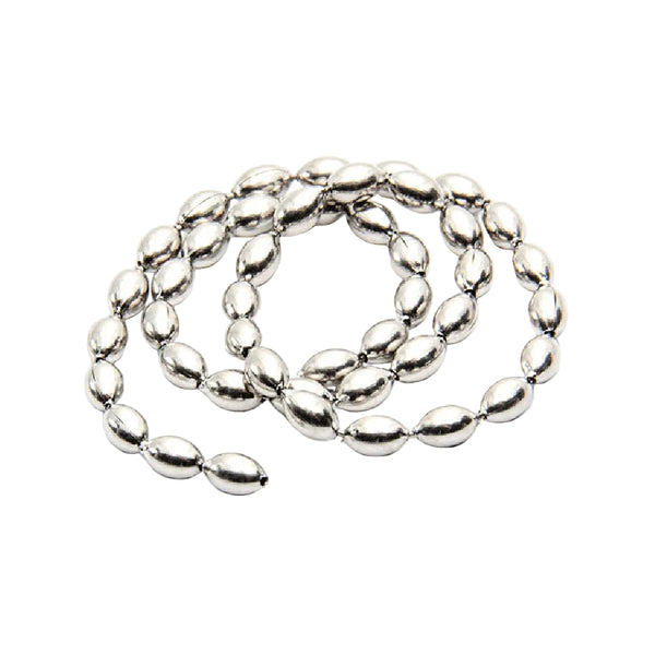 A coil of silver MFC Bulb Chain Eyes for fly tying on a white background.