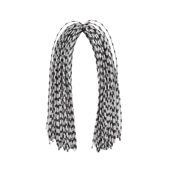 Grey and black center-tied hank of MFC Speckled Centipede Legs for fly tying on a white background.