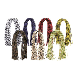 7 color options in center-tied hanks of MFC Speckled Centipede Legs for fly tying arranged in two rows on a white background.