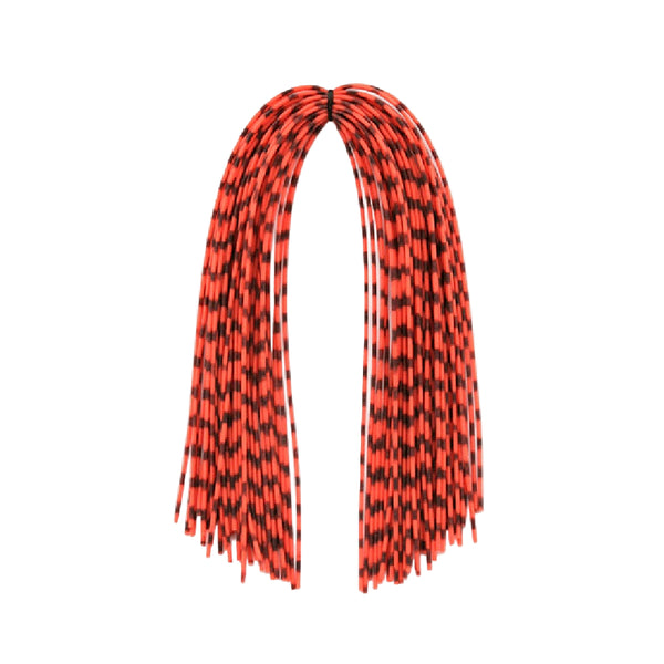 Hot orange and black center-tied hank of MFC Speckled Centipede Legs for fly tying on a white background.