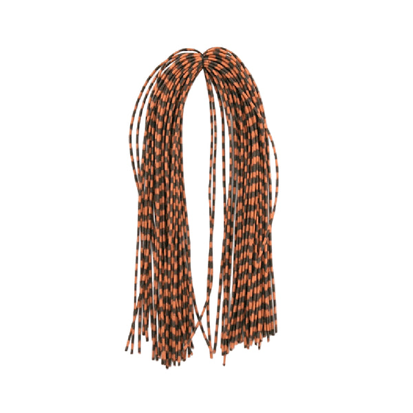Orange and black center-tied hank of MFC Speckled Centipede Legs for fly tying on a white background.