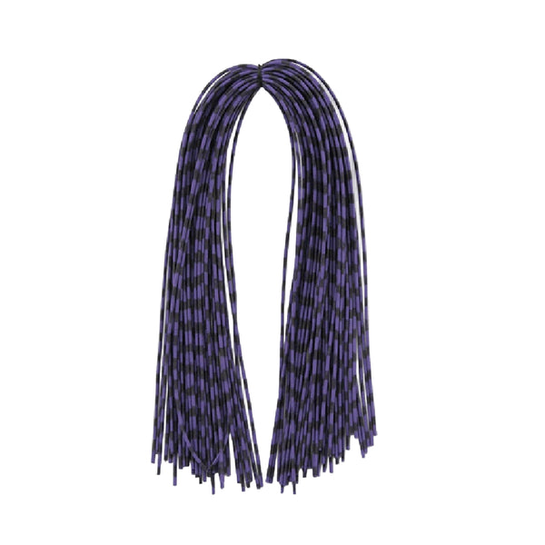 Purple and black center-tied hank of MFC Speckled Centipede Legs for fly tying on a white background.