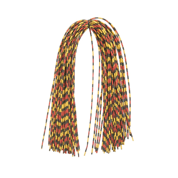 Yellow, red and black center-tied hank of MFC Speckled Centipede Legs for fly tying on a white background.