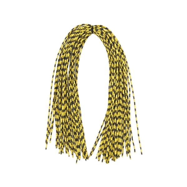 Yellow and black center-tied hank of MFC Speckled Centipede Legs for fly tying on a white background.