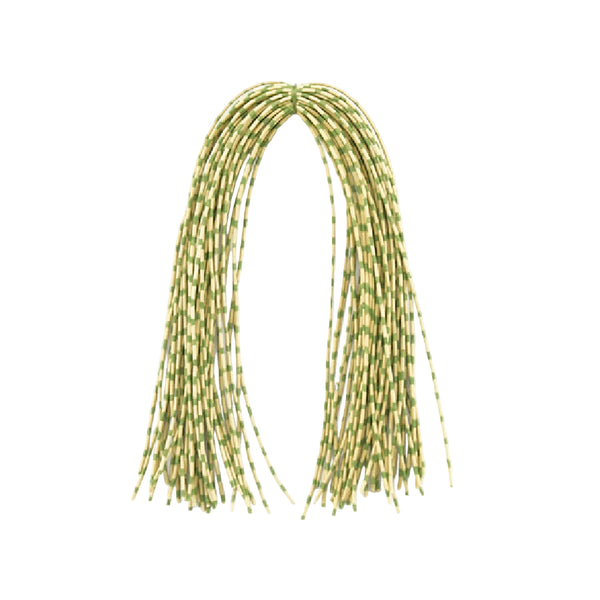 Yellow and olive center-tied hank of MFC Speckled Centipede Legs for fly tying on a white background.