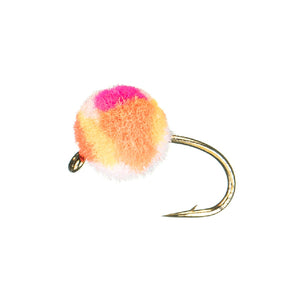 A multicolored MFC Flies Clown Egg Fly on a white background.