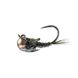 MFC Flies' Dunnigan's Panty Dropper barbless jig nymph in baetis colors on a white background.