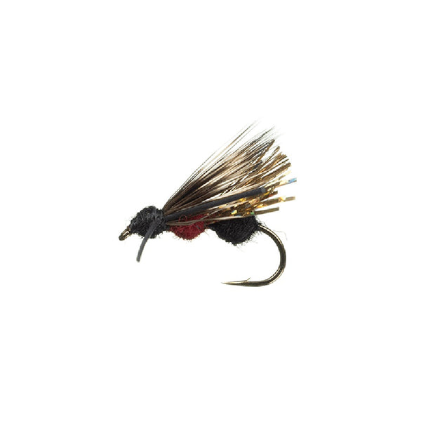 MFC Flies' Gallloup's Ant Acid dry fly with black and red body on a white background.