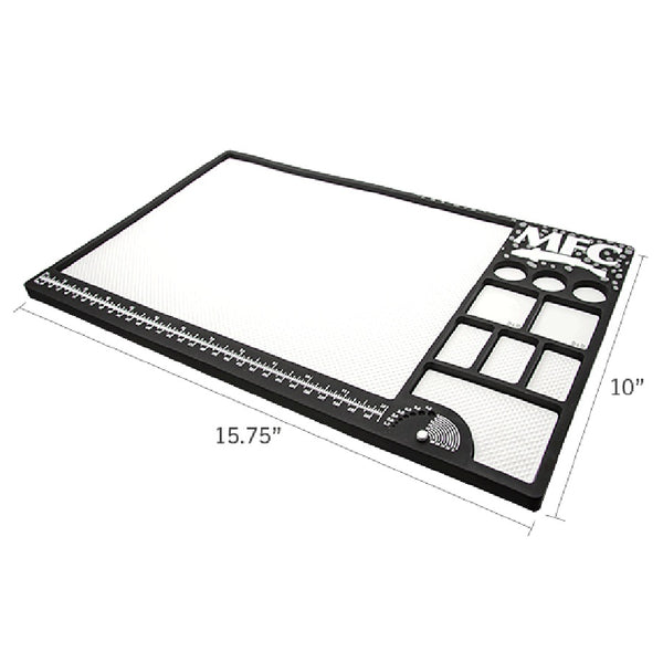 Angled view of the back and white MFC Fly Tying Mat, showing measurements of height and width, on a white background.