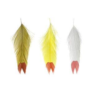 Group of three multi-colored of screen printed Fin Tip MFC Galloup's Fish Feathers schlappen feathers used for fly tying, displayed against a white background.