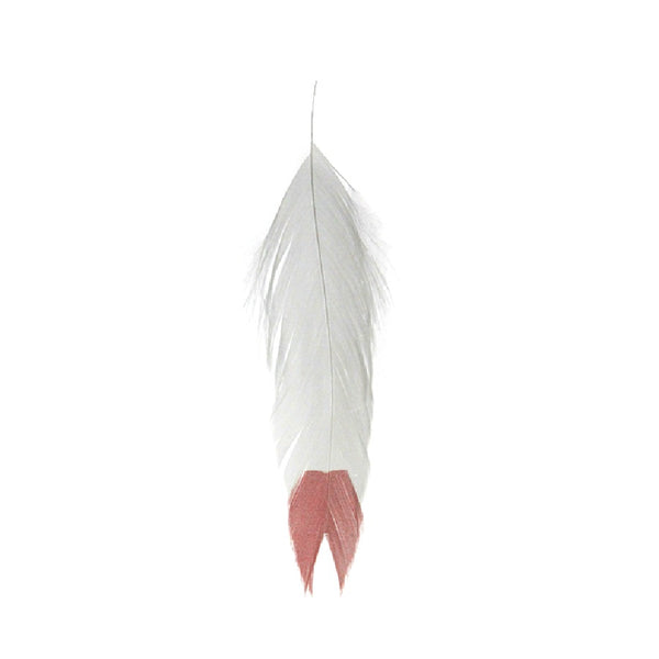 White and red screen printed Fin Tip MFC Galloup's Fish Feather schlappen feathers used for fly tying, displayed against a white background.