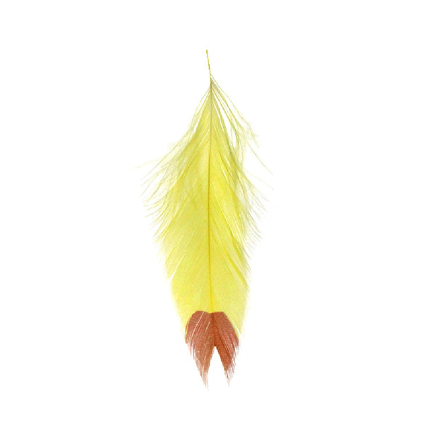 Yellow and red screen printed Fin Tip MFC Galloup's Fish Feather schlappen feathers used for fly tying, displayed against a white 