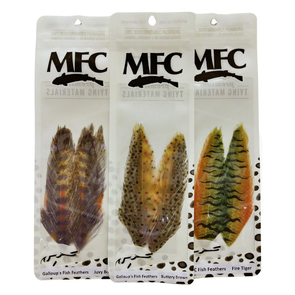 Three packs of MFC Galloup's Fish Feathers with screen printed patterns, each containing several feathers for fly tying.