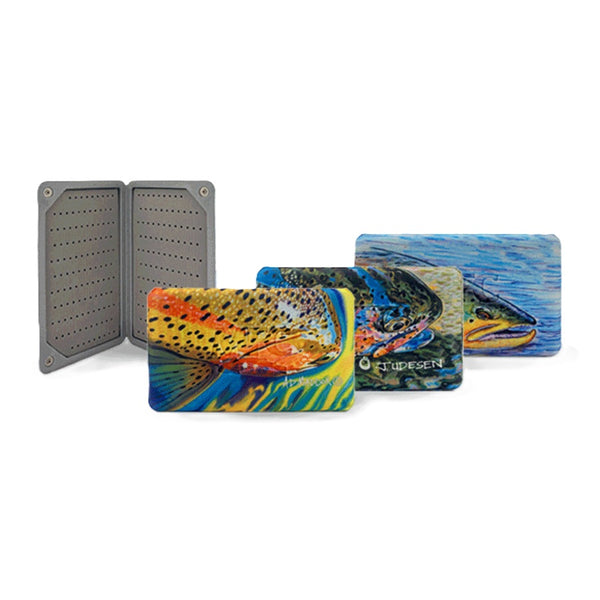 A group of three MFC Midge Flyweight Fly Boxes with licensed fish themed artwork printed on the front, along with an open box showing the slit foam interior, on a white background.