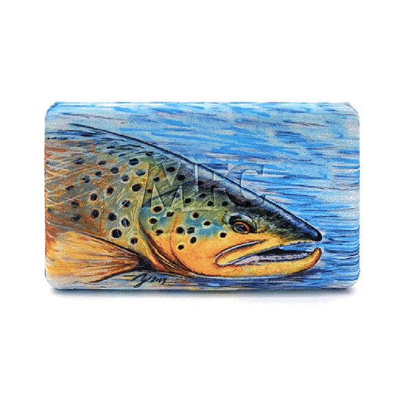 An MFC Midge Flyweight Fly Box with the Hallock's Brown Trout licensed artwork printed on the front, on a white background.