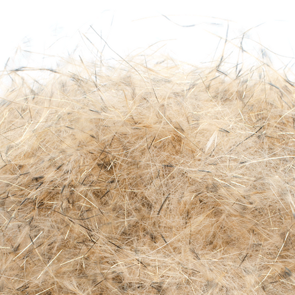 A close-up image of Senyo's Dirty Bird Dubbing, in gold digger tan showcasing a mix of marabou and synthetic fibers with hints of flash.