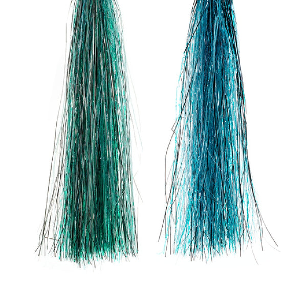 Two skeins of Senyo's Shadow Fiber Blend for fly tying on a white background.