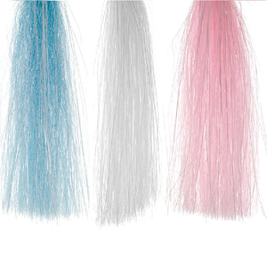 Three skeins of Senyo's Shadow Fiber in blue, pink and white, for fly tying on a white background.
