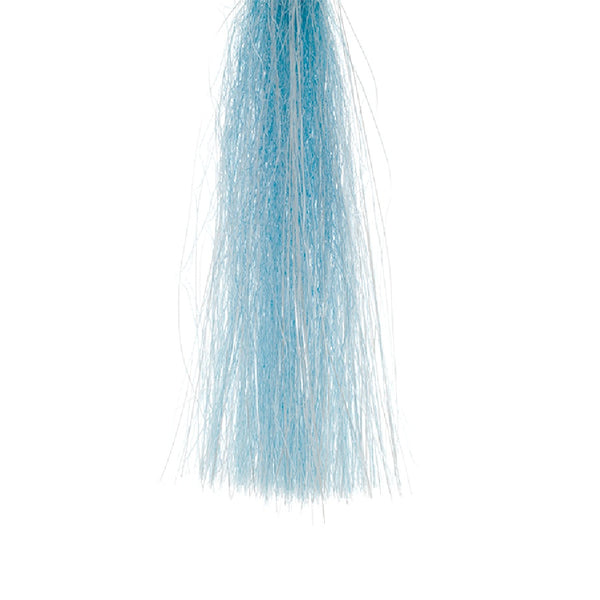 A skein of kingfisher blue Senyo's Shadow Fiber for fly tying on a white background.