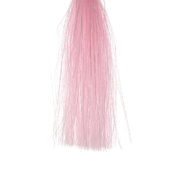 A skein of pink Senyo's Shadow Fiber for fly tying on a white background.