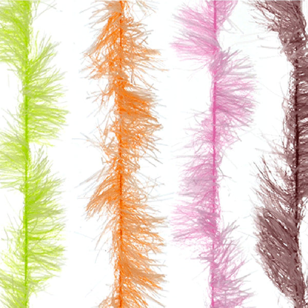 Four skeins of MFC Senyo's Super Satin Chenille in chartreuse, orange, pink, and brown, arranged vertically on a white background.